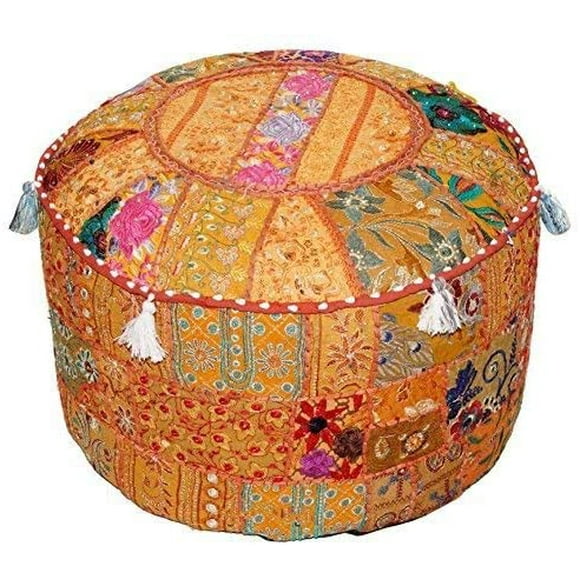 Inches x 22 Dia. Rajasthaniartdecor Indian Mandala Decorative Footstool Cover Pouf Ottoman Cover Cotton Floor Pillow Hippie Boho Decorative Bohemian Home Decor Pouf Cover Red Gold Size 14 H